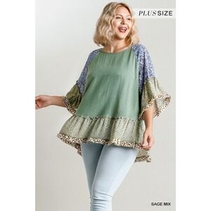 Umgee Linen Patchwork Bell Sleeves Ruffled Floral Tunic Top Women's Large Boho